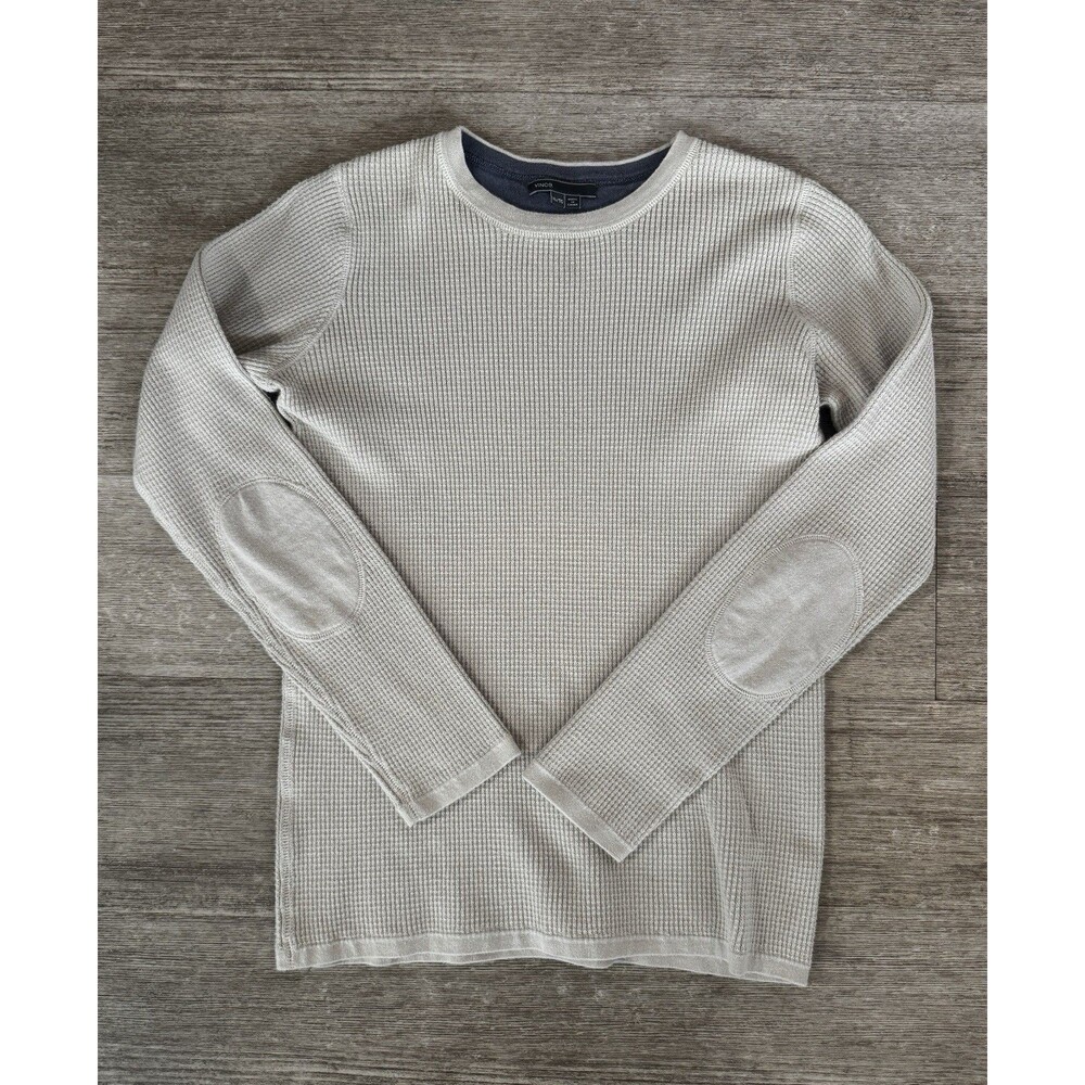 Vince Women’s Cotton Waffle Knit Thermal Long Sleeve Top XL Beige Elbow Patch